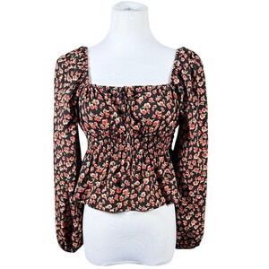 Cider Women Black Red Rose Floral Smocked Peplum Blouse Square Neck Small NEW